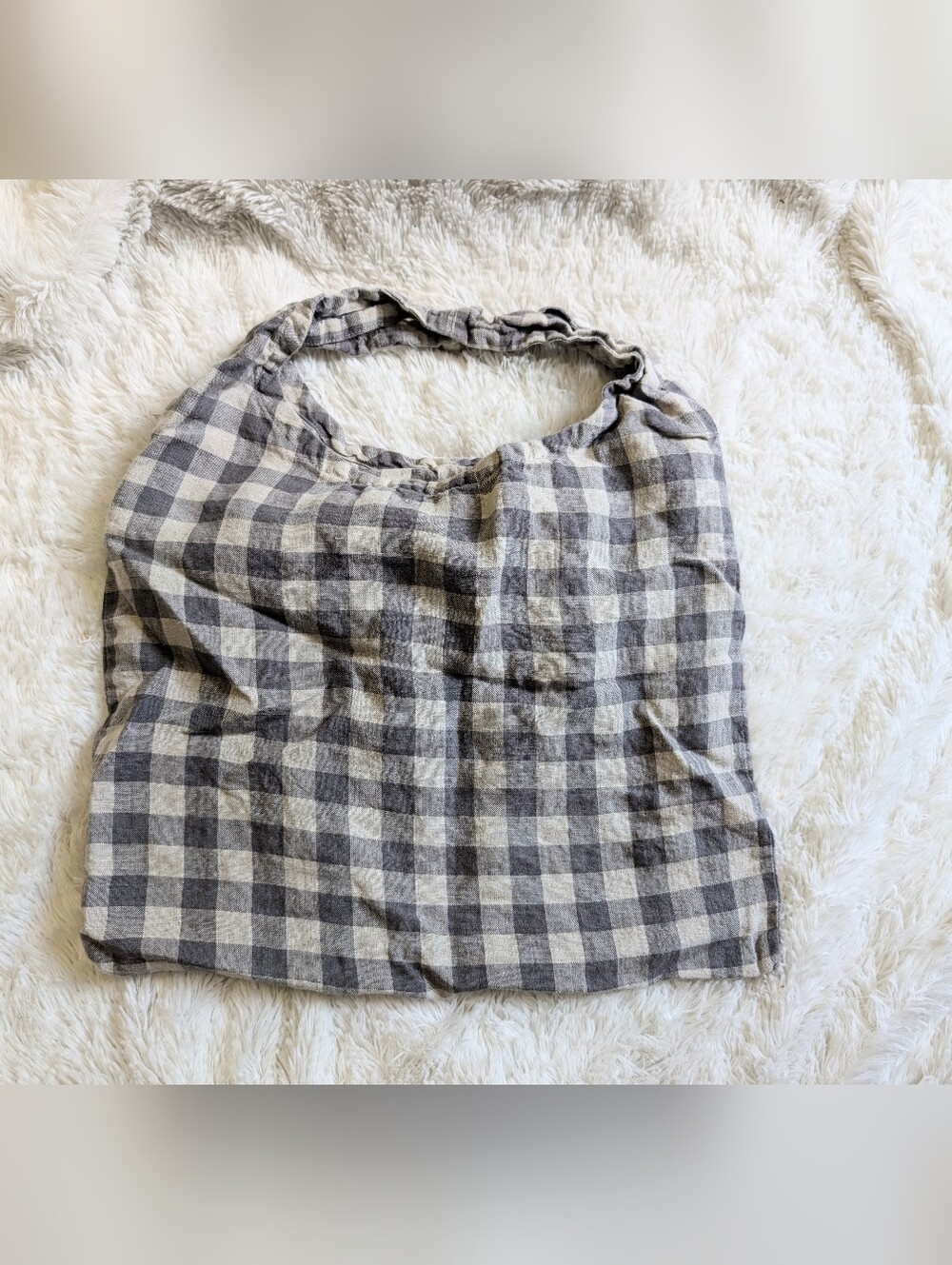Meetra Linen Handmade Gingham Tote Bag in Gray and Cream